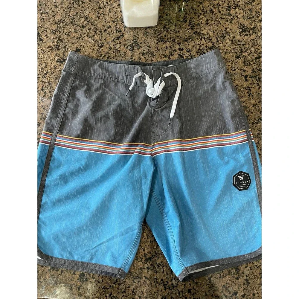 Vissla Board Shorts Mens 30 Gray Blue stripes adjustable closure perfect pocket